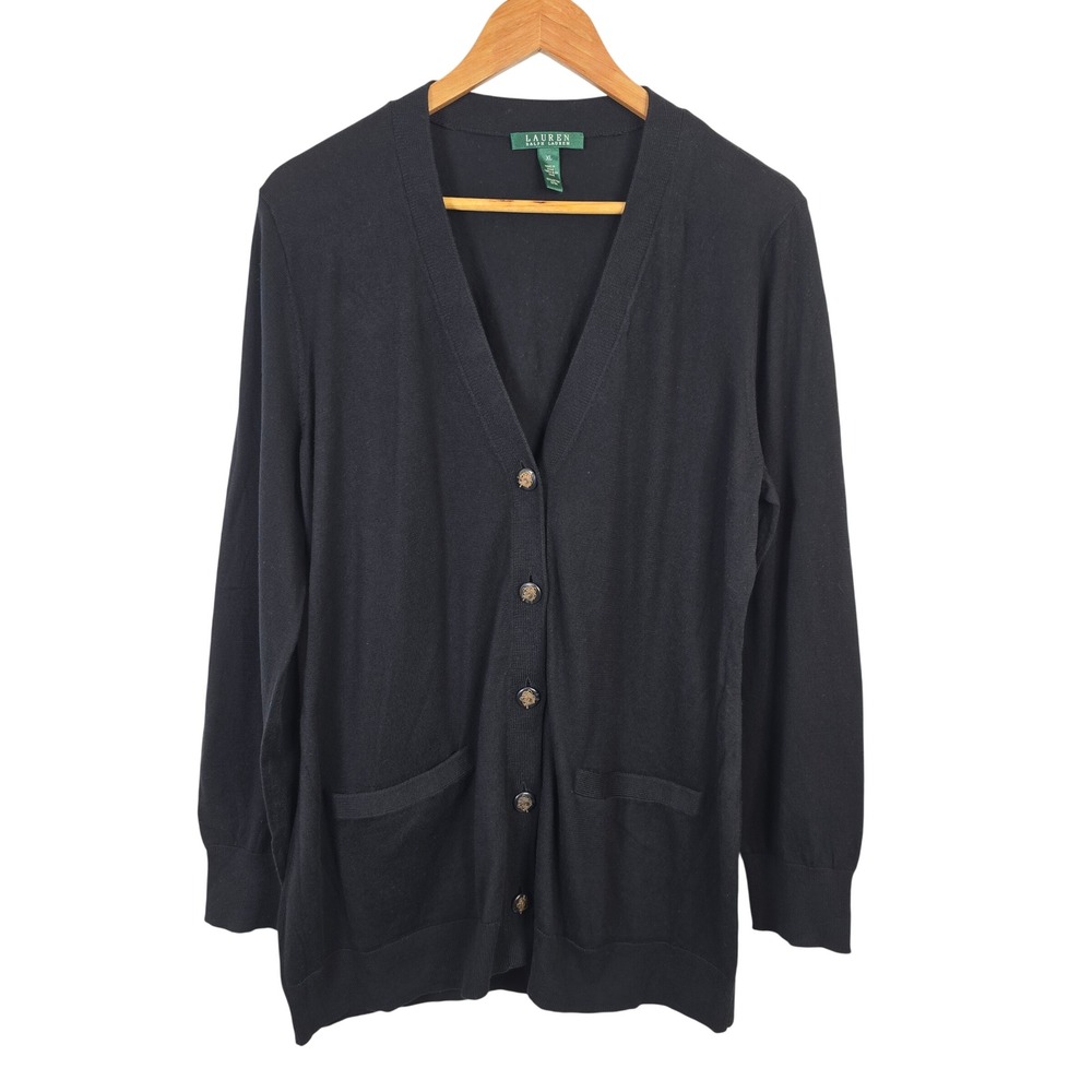 Lauren Ralph Lauren Black Cotton V-Neck Cardigan XL Crest Buttons Pocket Sweater